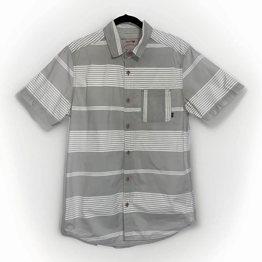 RUSTY Surf Brand Gray & White Button Up Short Sleeve Shirt Mens Medium